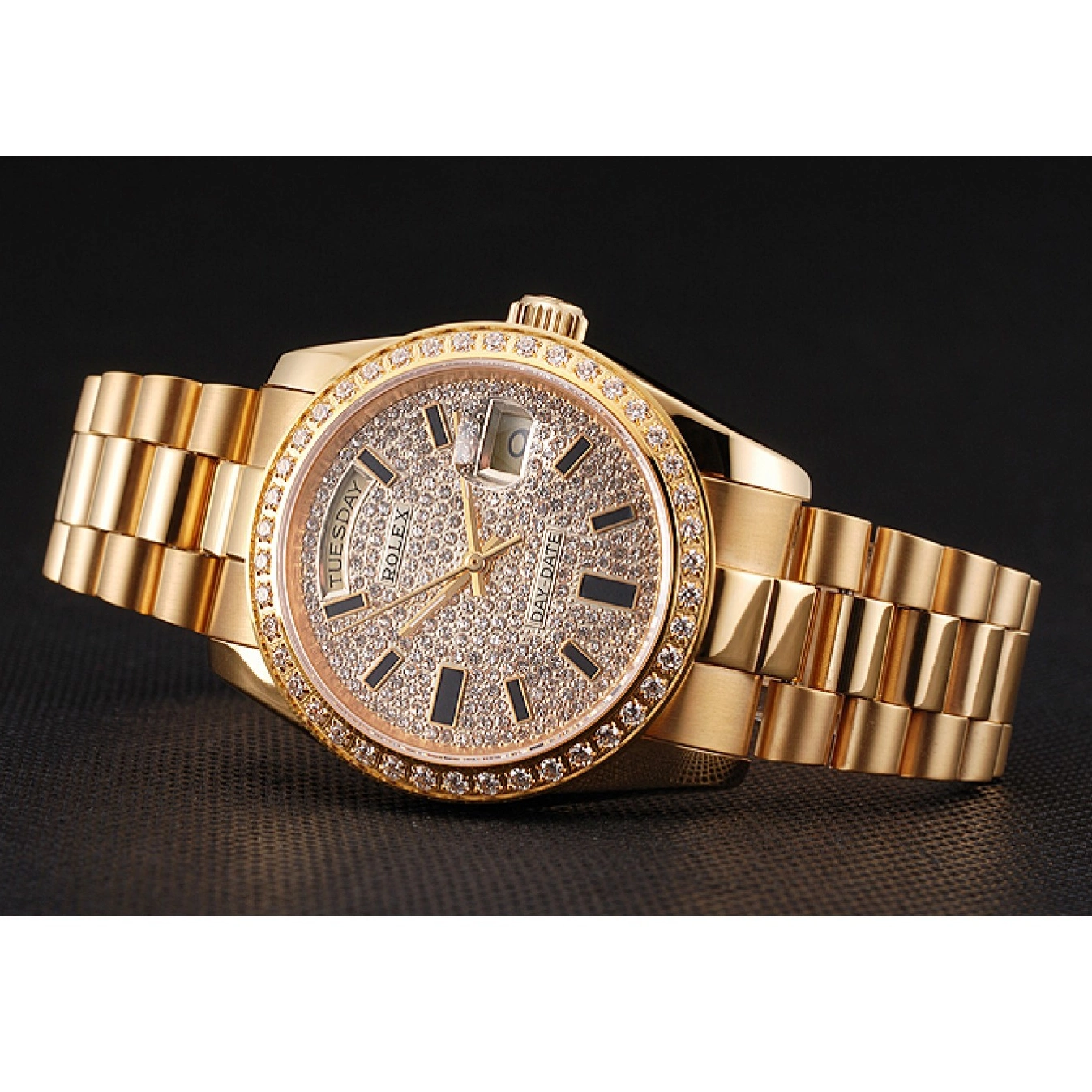 Aaa replica watch Dial Pave Bezel Date And Rolex Gold And Day Bracelet Swiss Case Diamond 0724